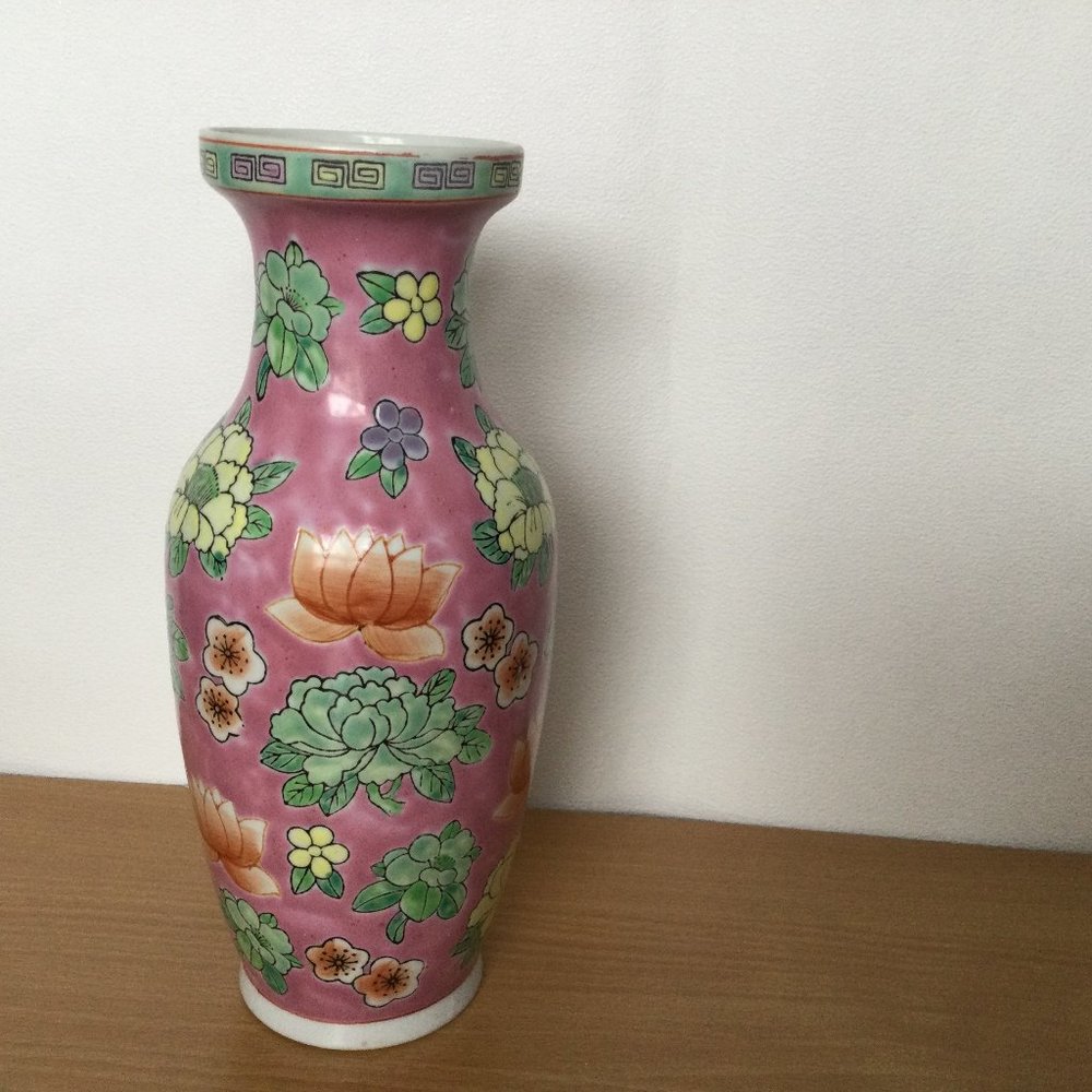Vintage Chinese hand painted ceramic porcelain vase pink floral marked